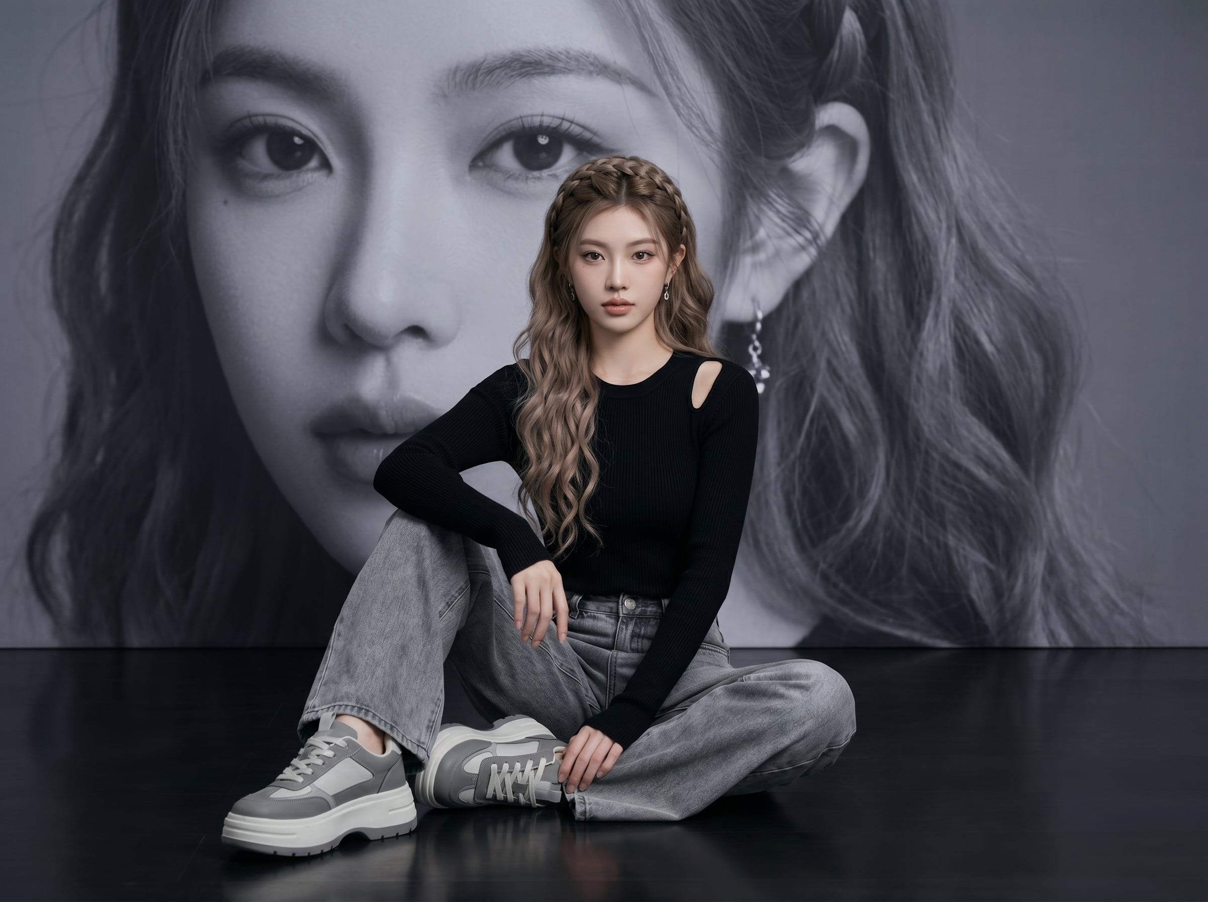 Create a cinematic 16:9 editorial fashion portrait of a beautiful young Asian woman seate…