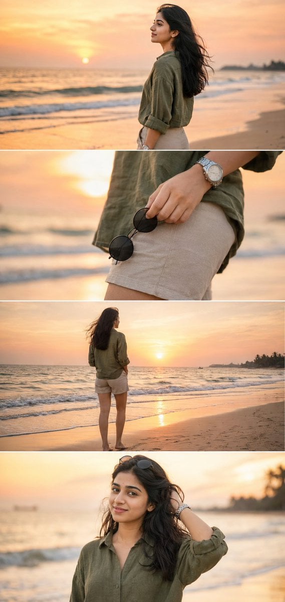 Ultra-realistic DSLR cinematic beach photoshoot collage featuring the SAME girl from the …