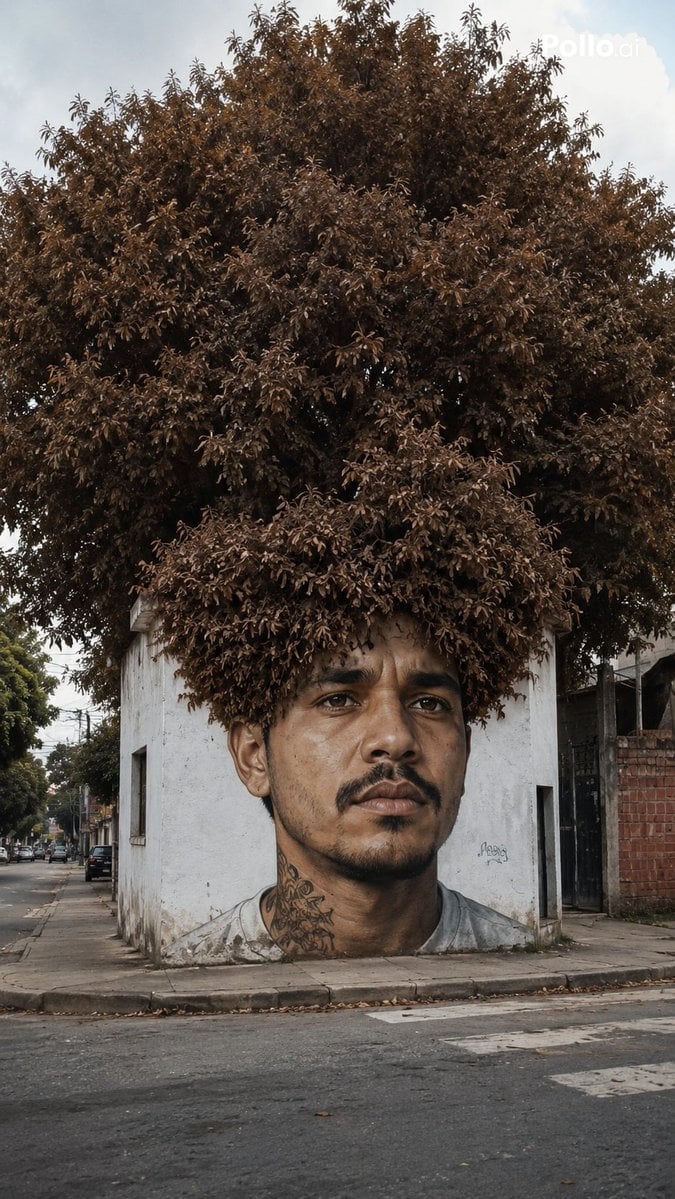 Ultra-realistic street art illusion, a short white building with a giant mural of the upl…