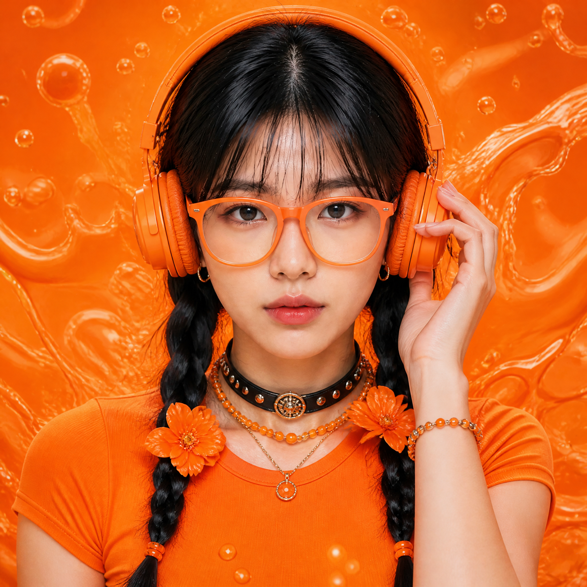 Ultra-realistic close-up fashion portrait of a young Asian woman, centered composition, l…