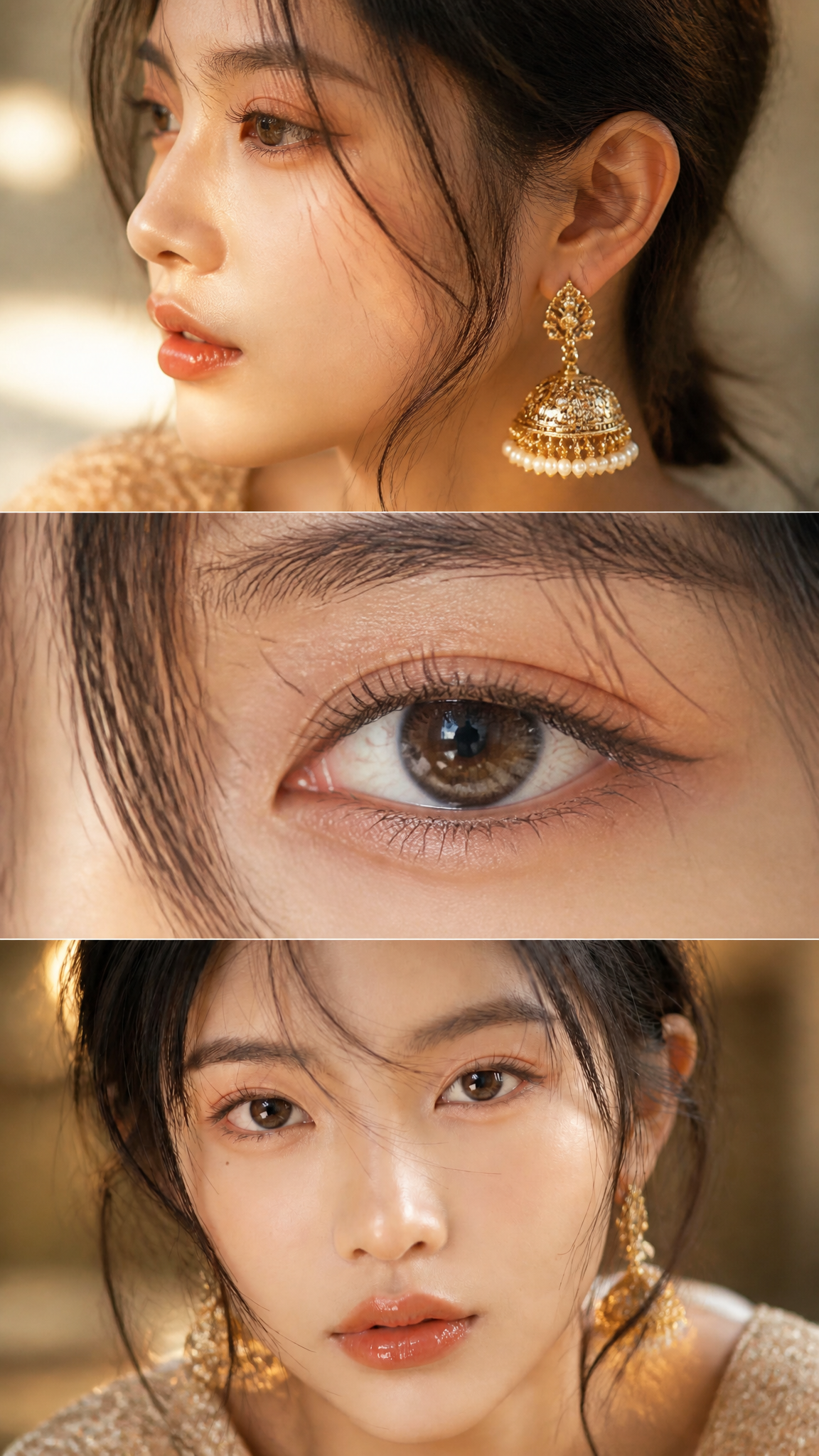 Luxurious cinematic feminine beauty collage in three elegant horizontal frames, editorial…