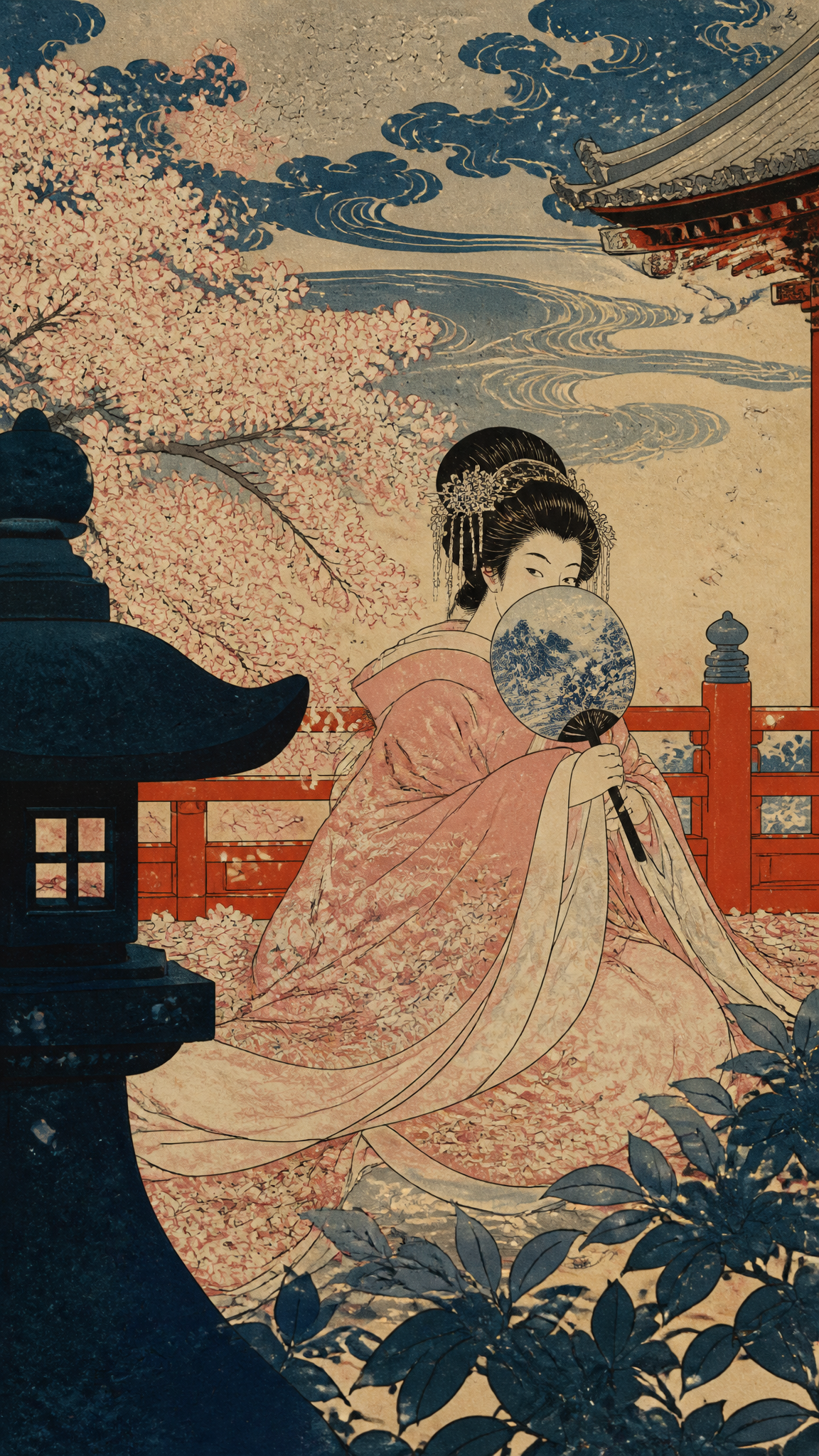 Edo-period Japanese ukiyo-e woodblock print style, in the manner of Hokusai and Hiroshige…