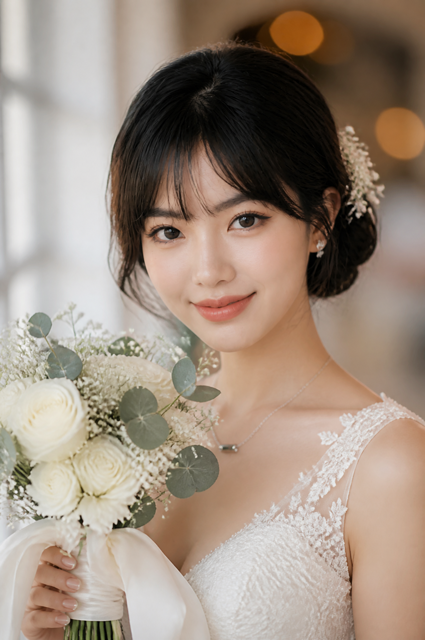 A breathtaking close-up portrait of a beautiful Asian bride,  Reference Image, showing a …