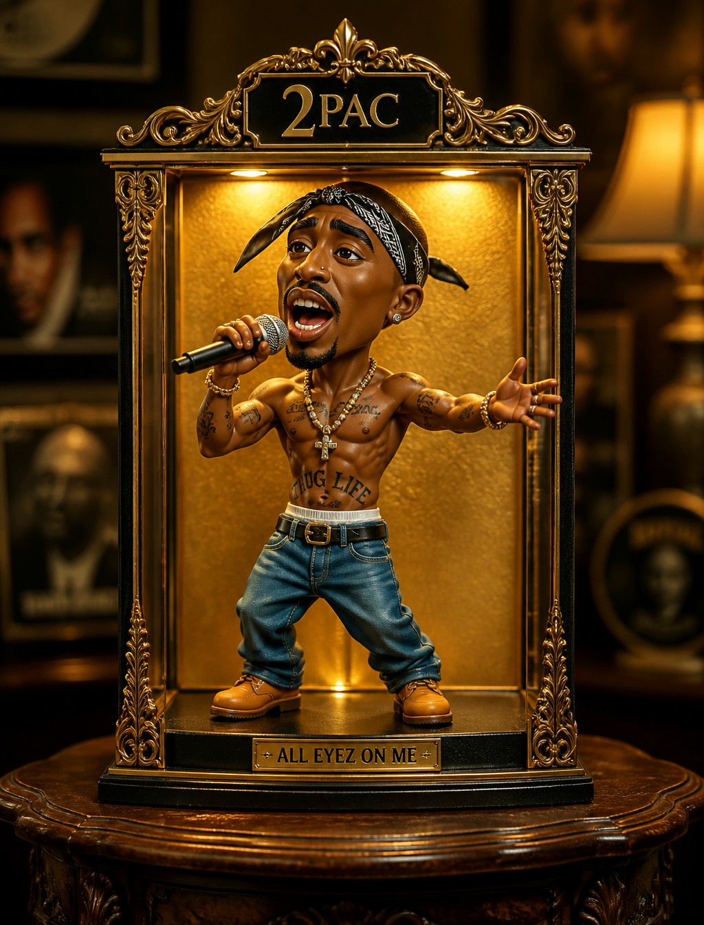 A stylized, exaggerated cartoon figurine of 2Pac, appearing to be a singer, is shown sing…