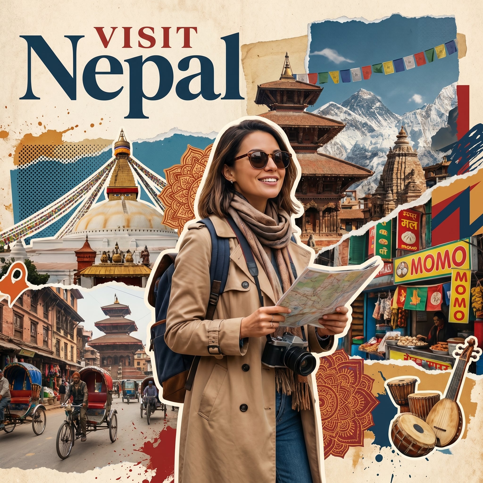 Create a stylized travel poster / graphic collage for Nepal. The main subject should be a…