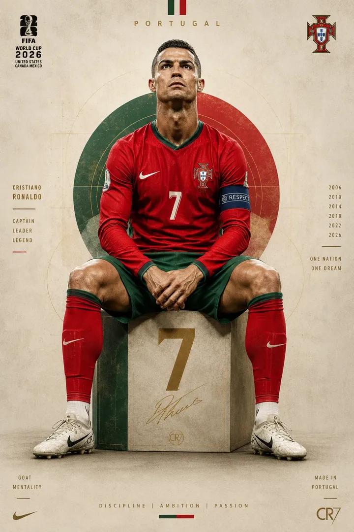 Ultra-detailed football portrait poster of a legendary Portuguese footballer sitting on a…