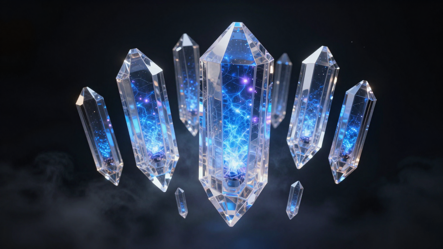 Floating crystalline monoliths suspended in a dark quantum void, illuminated from within …
