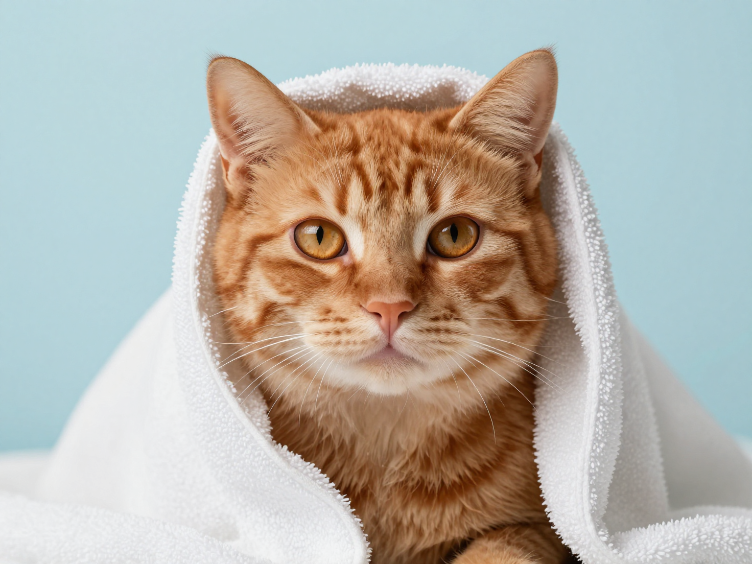 Ultra realistic portrait of a ginger cat wrapped in a soft white towel, fresh after bath,…