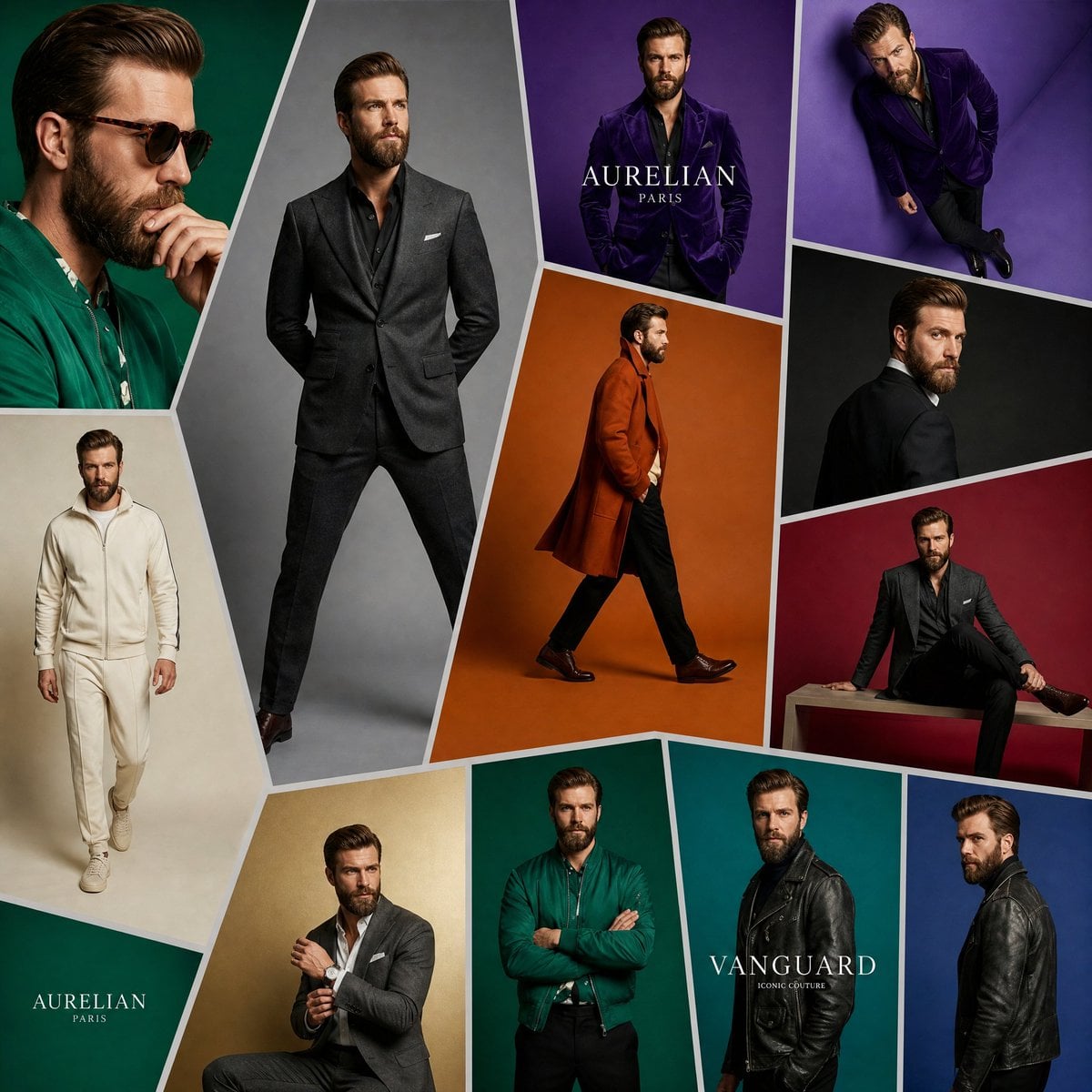 The SAME handsome Hollywood-inspired male model with a perfectly groomed beard appears re…
