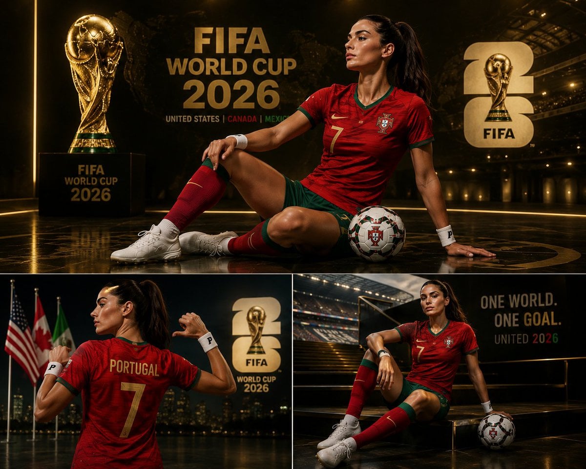 Create a premium 3-panel FIFA World Cup 2026 inspired sports poster collage featuring a c…