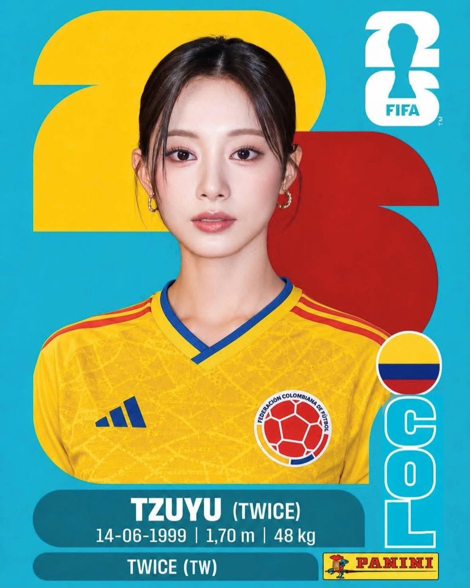 Create a premium Panini FIFA World Cup 2026 collectible sticker card featuring a K-pop id…