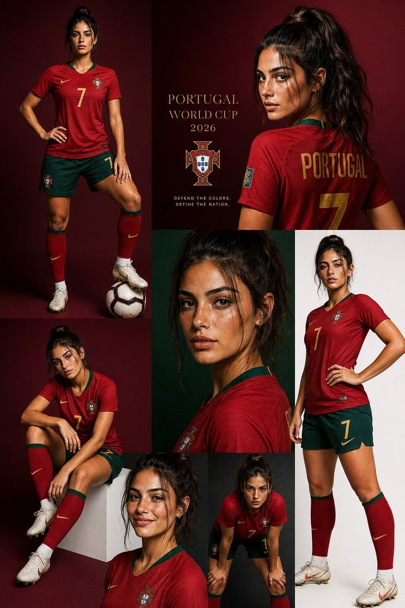 Create a luxury sports fashion collage editorial featuring a stylish young Portuguese wom…