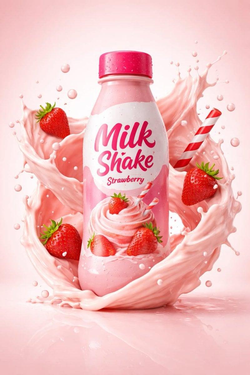 Professional studio product photography of a [Milk Shake Bottle], perfectly centered. The…