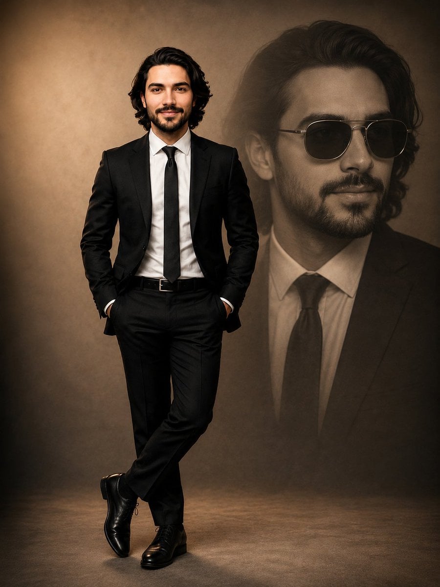 Portrait of a confident young man in a perfectly tailored black suit, white dress shirt a…
