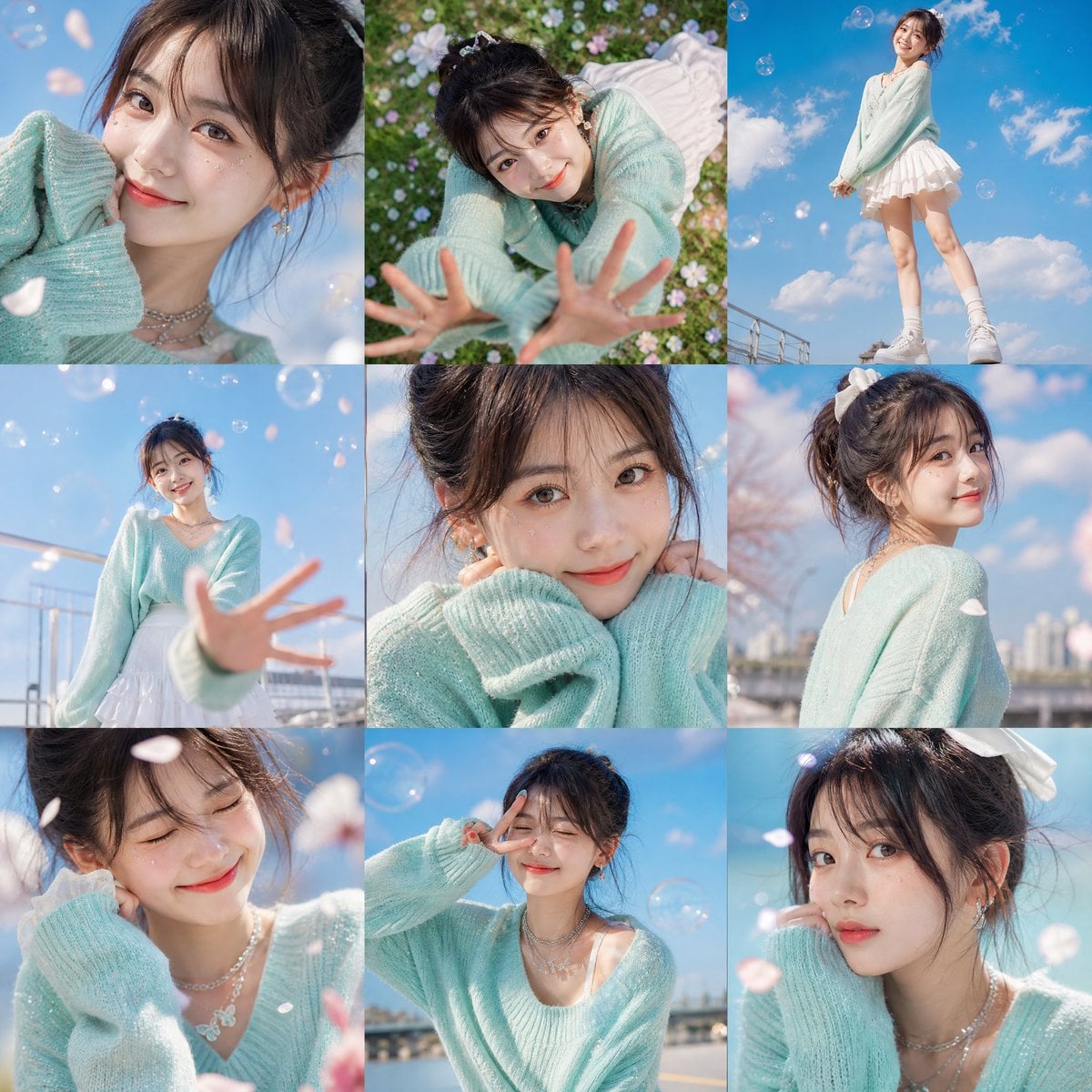 A vibrant 3×3 grid photo collage containing nine unique and expressive poses based on the…