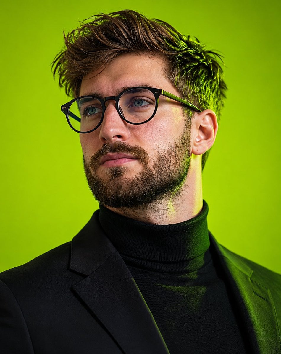 Ultra-realistic editorial portrait of a young man with tousled textured brown hair, pierc…