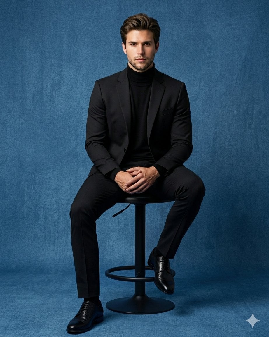 Hyper-realistic luxury studio full-body portrait of a confident young man seated on a pre…