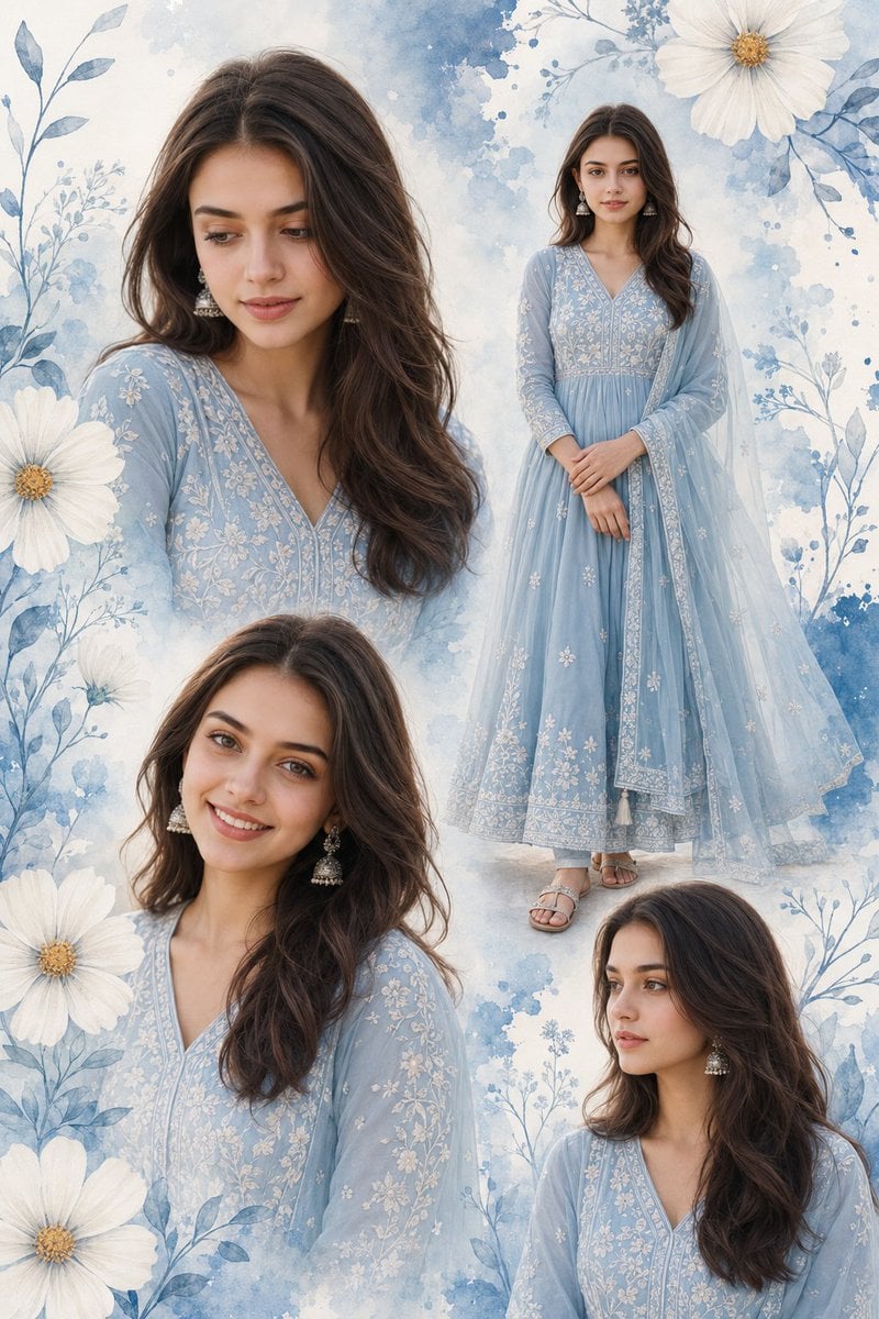 Multi-photo collage poster of a young Indian woman, 18–22 years, fair-wheatish glowing sk…