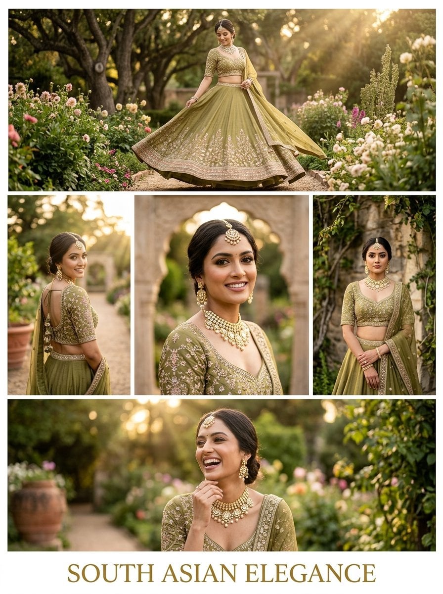 Elegant multi-frame portrait poster of a stunning young South Asian woman in an olive-gre…