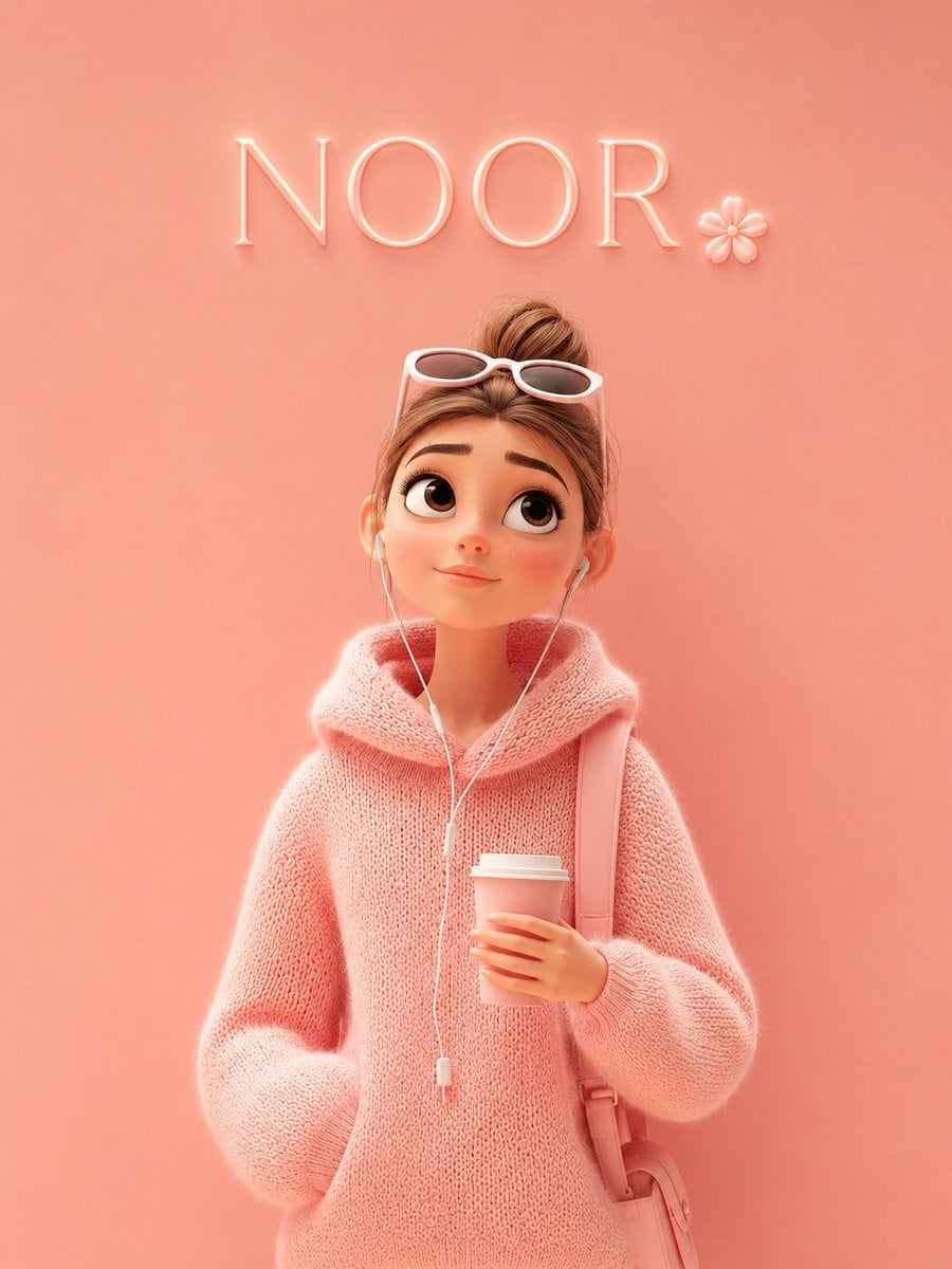 A cute Pixar-style 3D cartoon girl standing against a soft pastel pink background, wearin…