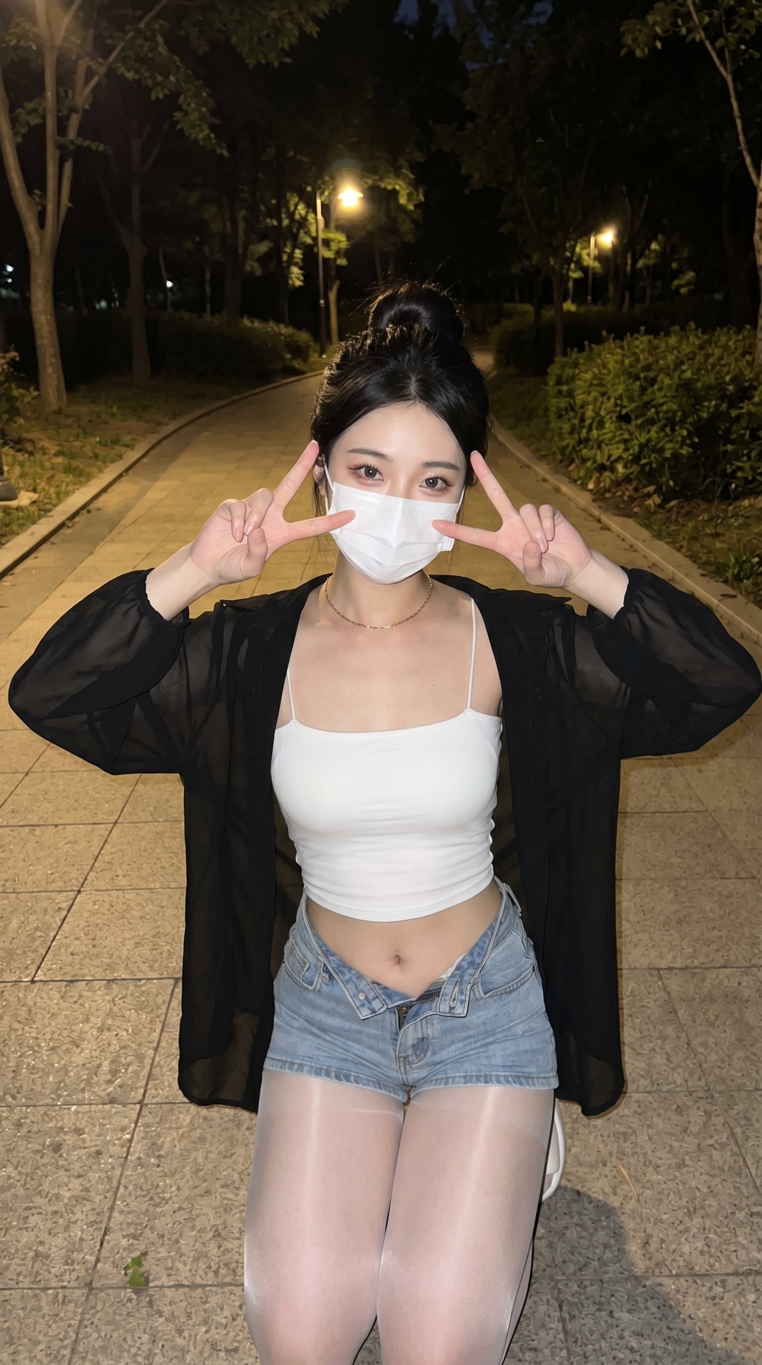 Nighttime park path captured with phone flash, a curvy hourglass young adult Asian woman …