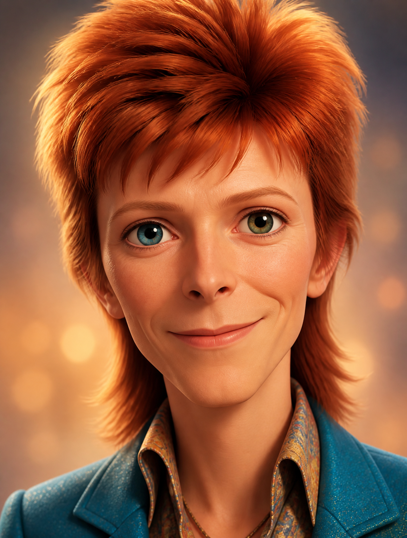 A Pixar-style frontal portrait of [david bowie], showing their kindness and amiability --…