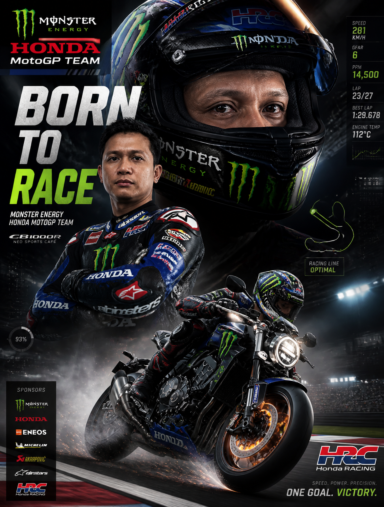 Monster Energy HONDA MotoGP Team VersionCreate an action-packed MotoGP racing poster feat…