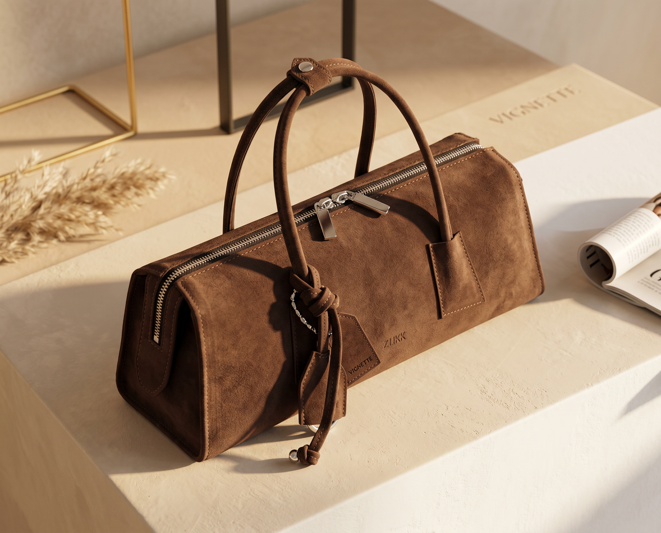 use the reference image to generate an advertisement post of a premium brown leather hand…