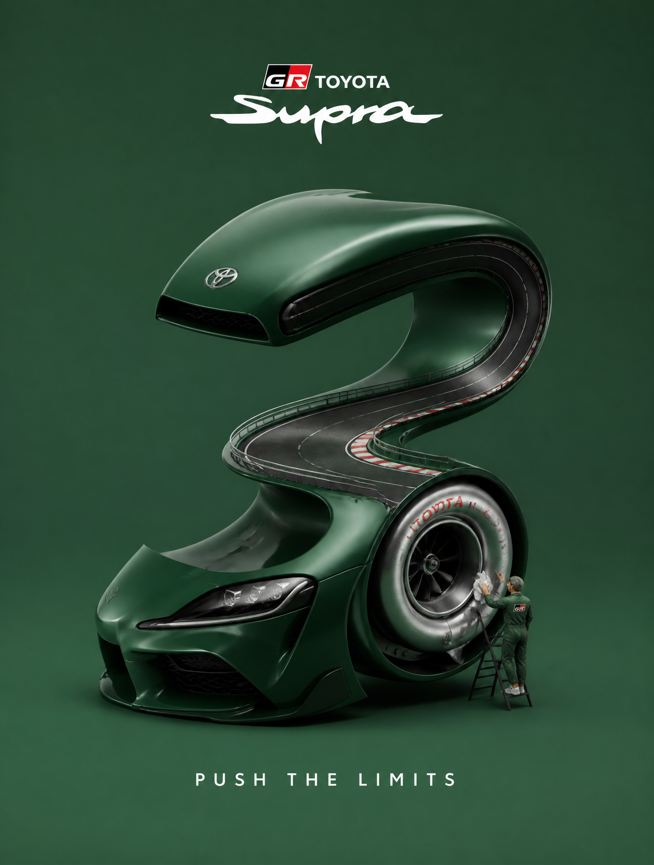 Create a creative 3D advertisement for [ TOYOTA GR SUPRA ], featuring a surreal object ma…