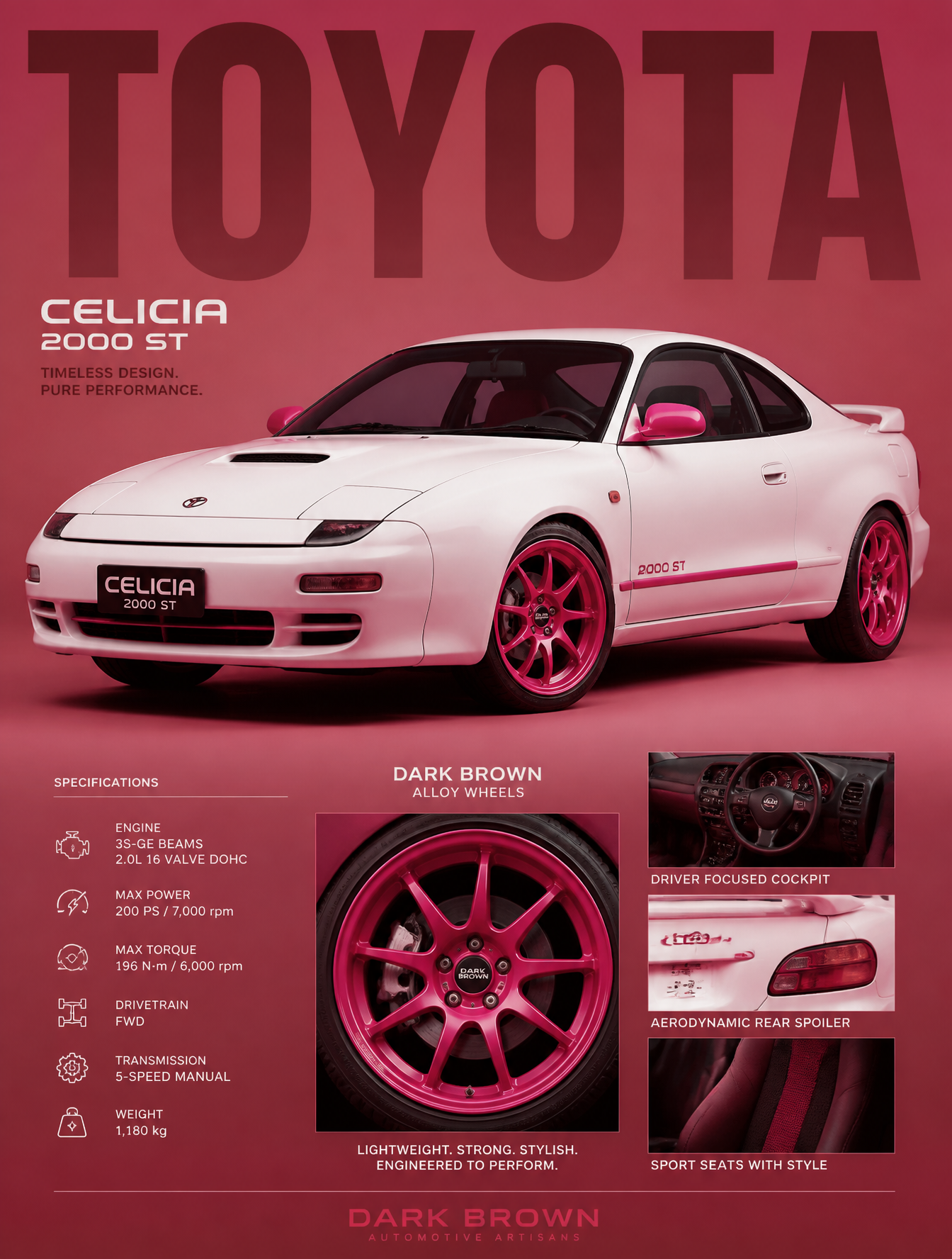 A high-contrast studio editorial poster featuring a pristine white CELICIA 2000 ST with c…