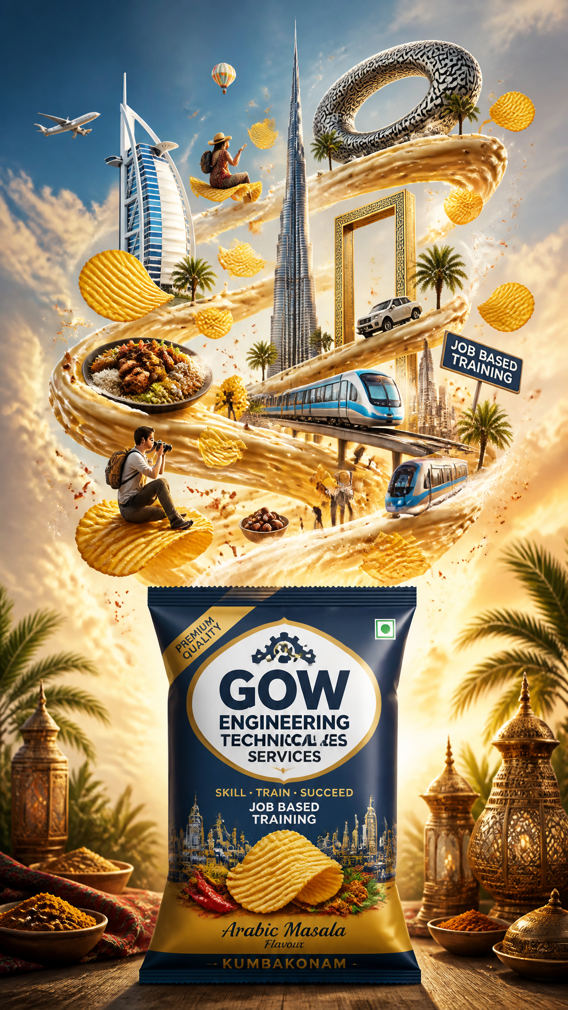 Ultra-detailed premium travel-food advertisement poster for [dubai], vertical composition…