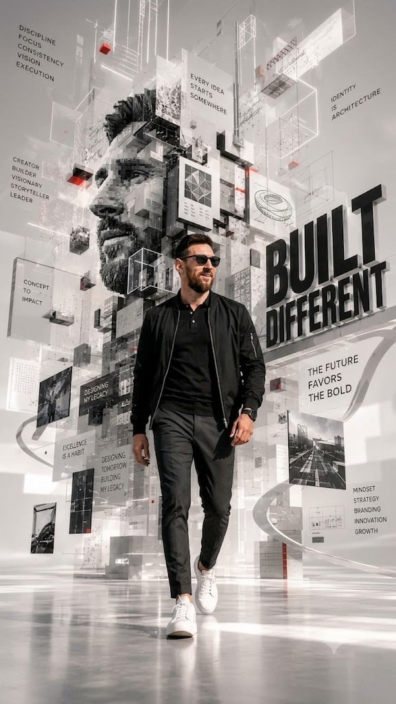 A futuristic monochrome motivational digital artwork featuring a man resembling *Lionel M…