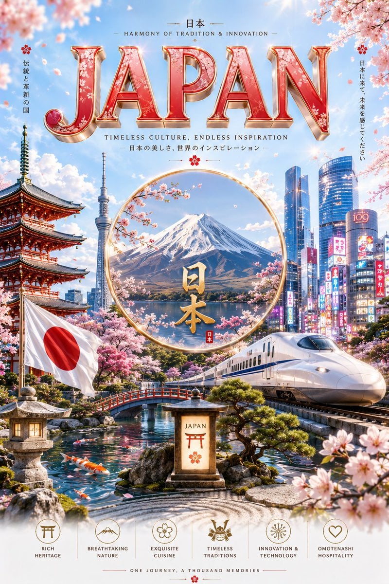 Ultra-premium cinematic 3D travel poster for [Country], bright luxury aesthetic, soft sun…
