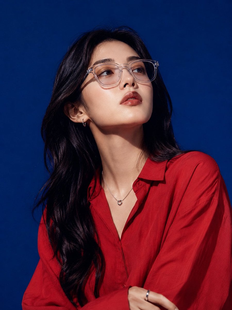 Ultra-realistic high-fashion studio portrait of a beautiful young East Asian woman with l…