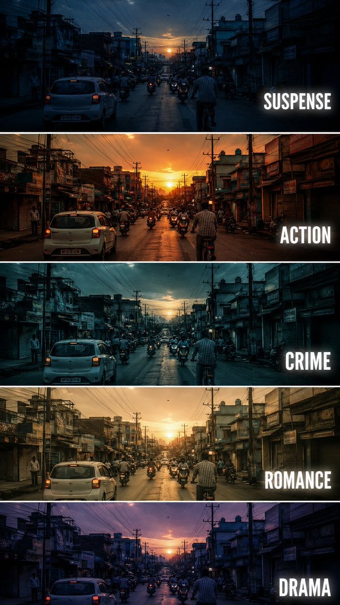 Create a vertical cinematic tutorial comparison poster showing the same urban street scen…