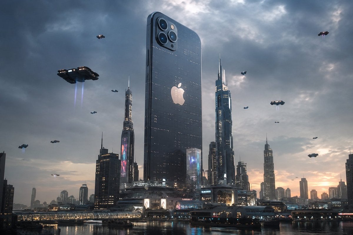 A futuristic city dominated by an enormous Apple iPhone standing as a skyscraper, glowing…