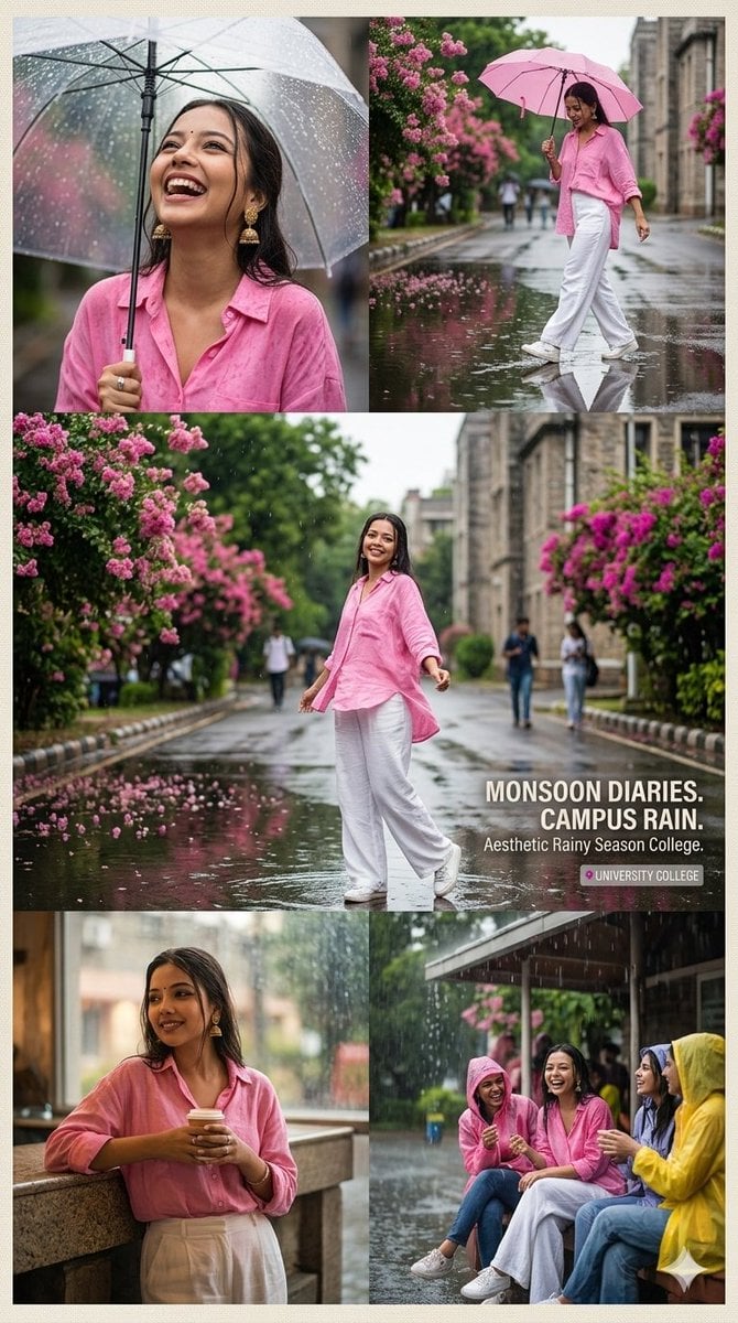 Aesthetic rainy season college portrait collage of a stylish young woman in a pink oversi…
