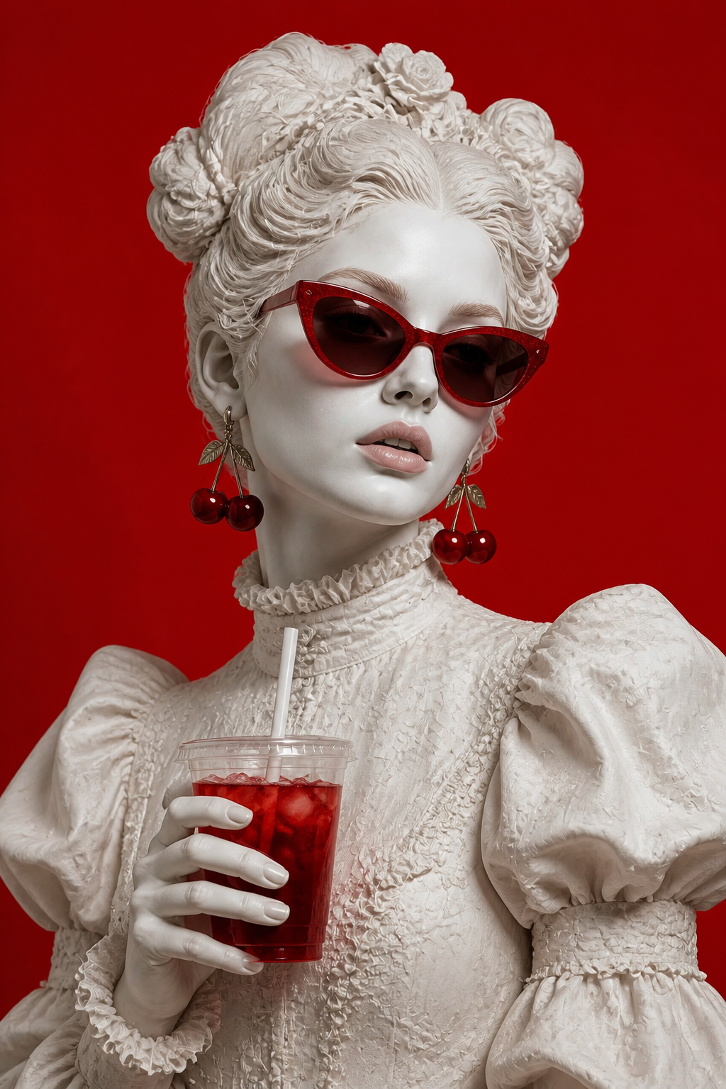 A hyper-realistic digital art portrait of a fashion-forward woman styled like a marble st…
