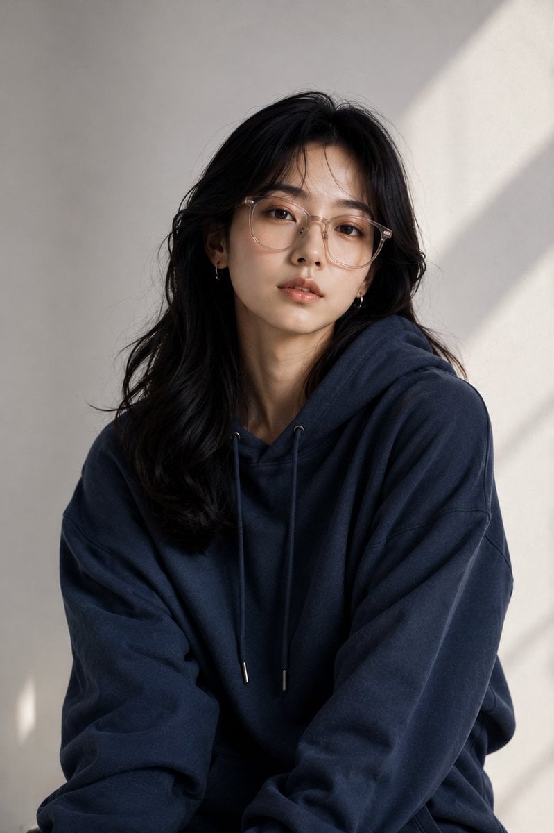 Create a premium fashion-editorial half-body portrait of a beautiful young East Asian wom…