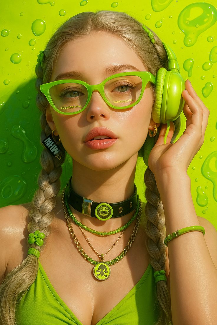 Ultra-realistic close-up fashion portrait of a young woman, centered composition, looking…