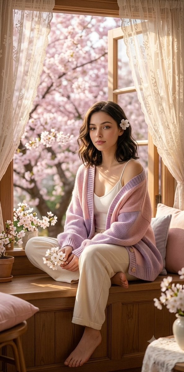 Ultra-realistic spring morning portrait of a beautiful young  woman sitting barefoot on a…