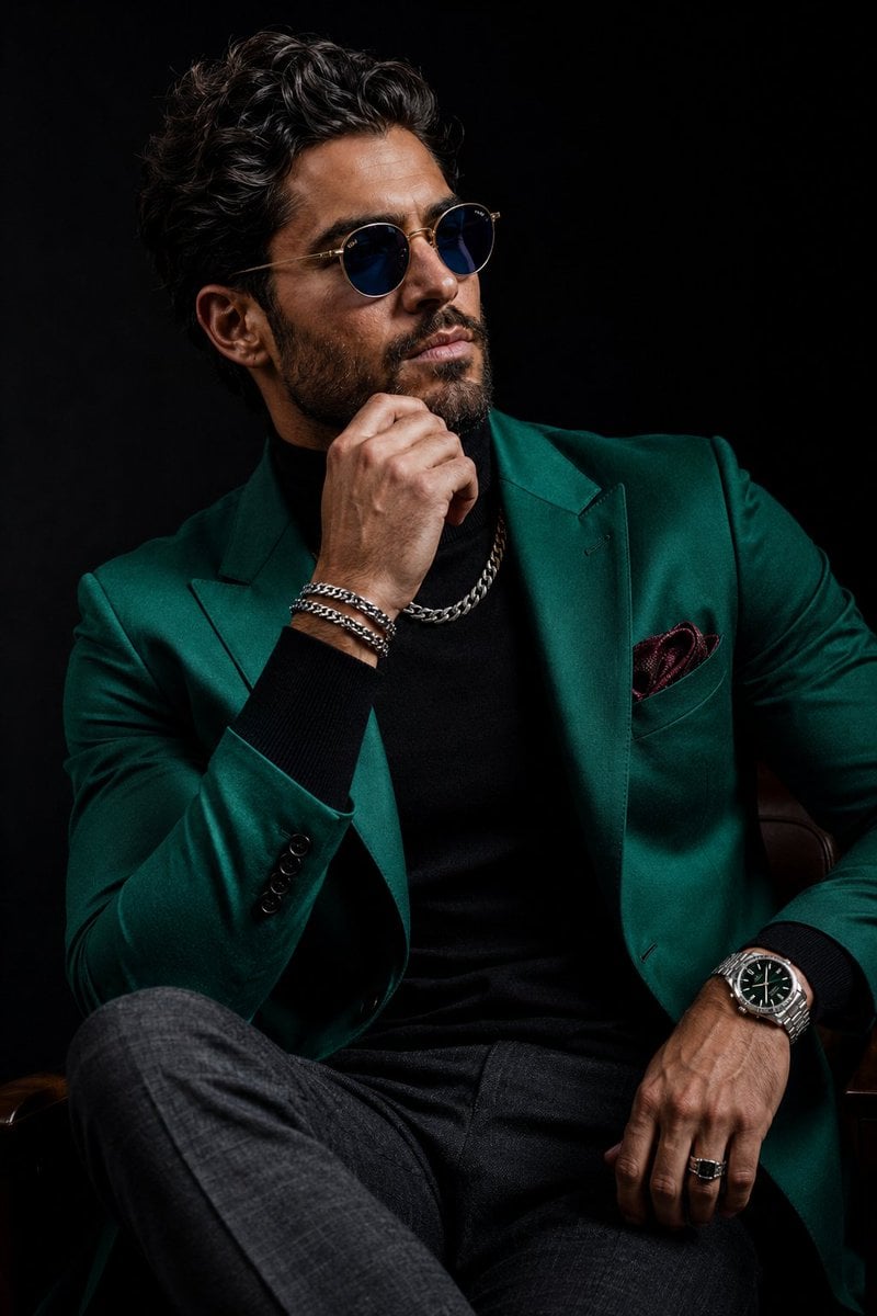 Ultra-realistic luxury menswear editorial portrait of a confident, handsome man with thic…