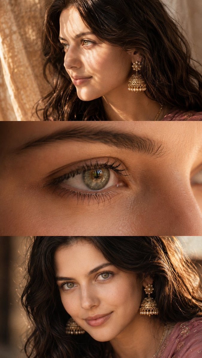 Luxurious cinematic feminine beauty collage in three elegant horizontal frames, editorial…