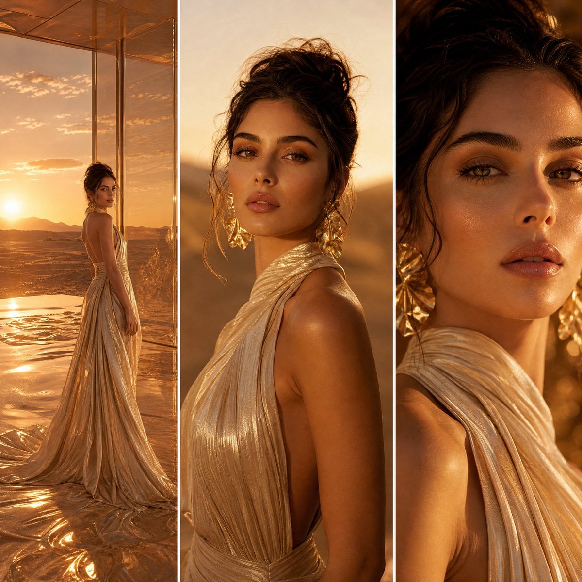 A three-panel high-fashion editorial spread set in a glowing sunset desert-glass luxury s…