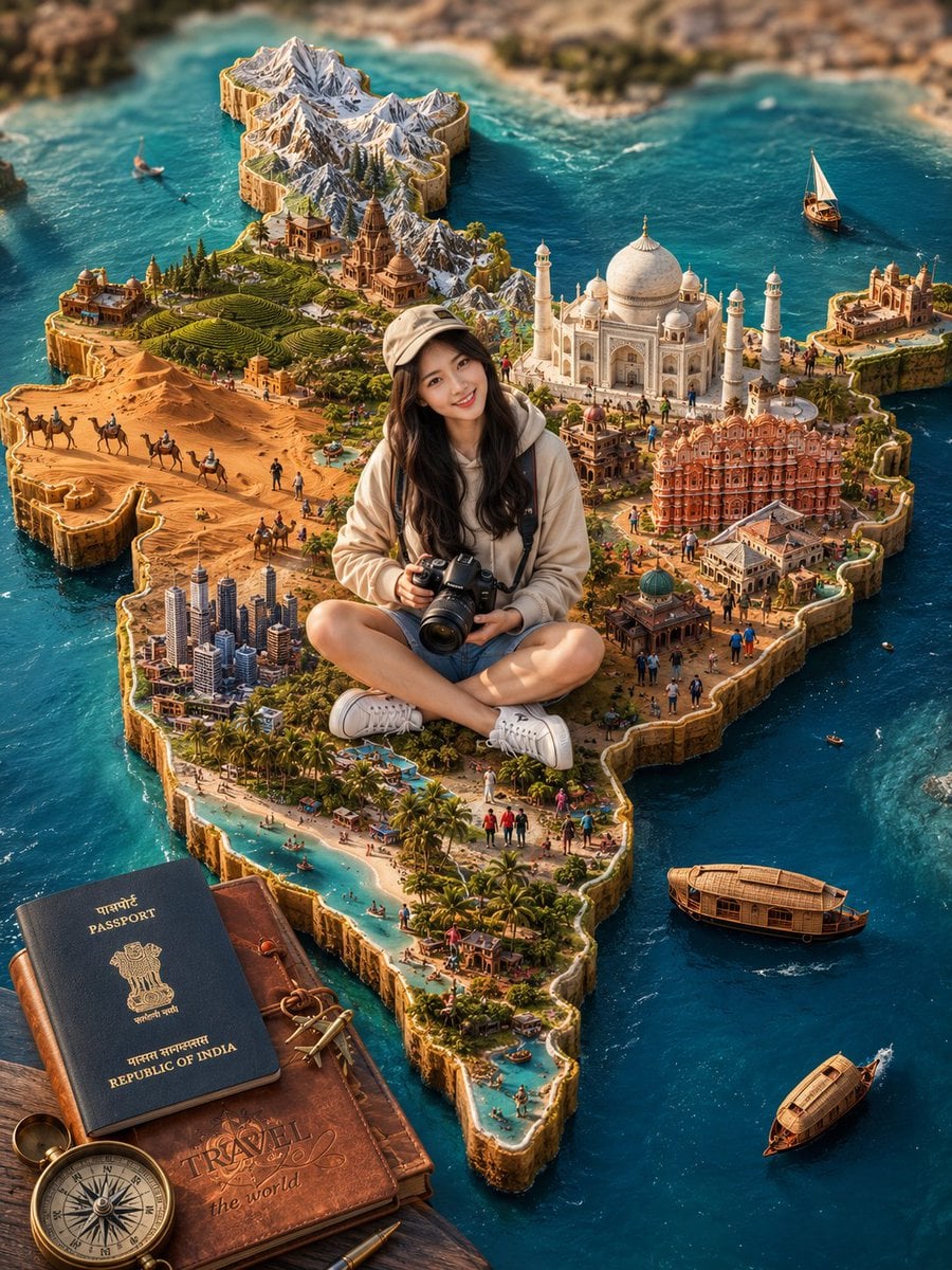 Highly detailed 3D miniature travel diorama of India shaped as a realistic raised map flo…