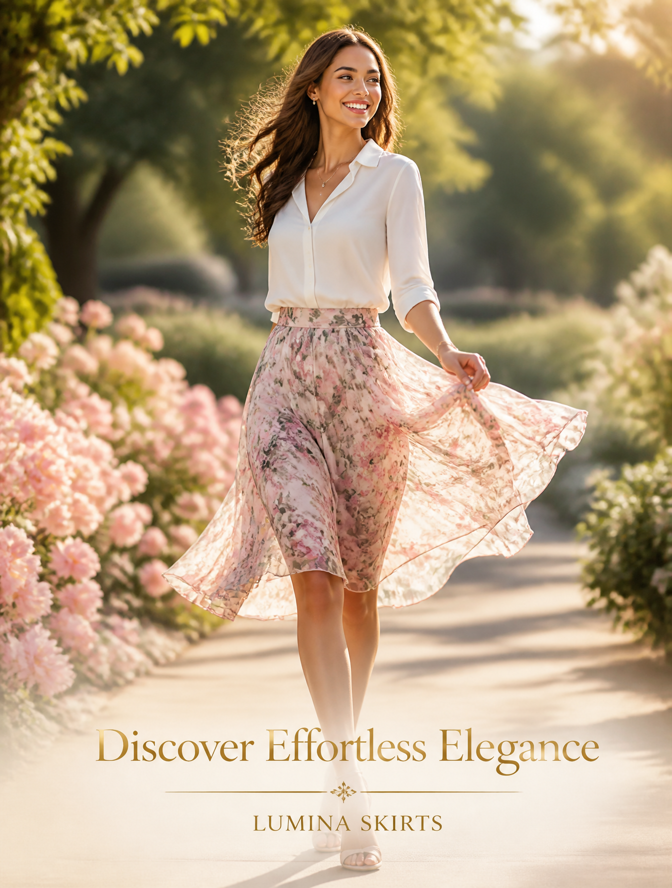 Beautiful high-fashion advertisement for women's skirts, a graceful young woman