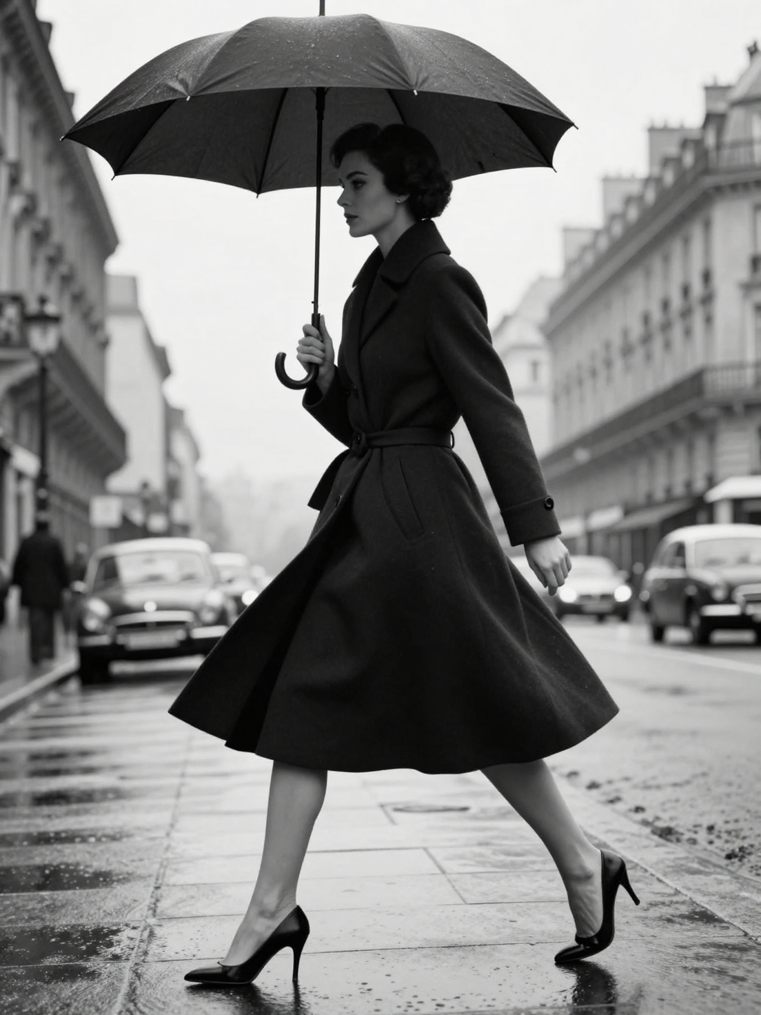 Create a black-and-white high-fashion editorial street photograph inspired by classic 195…