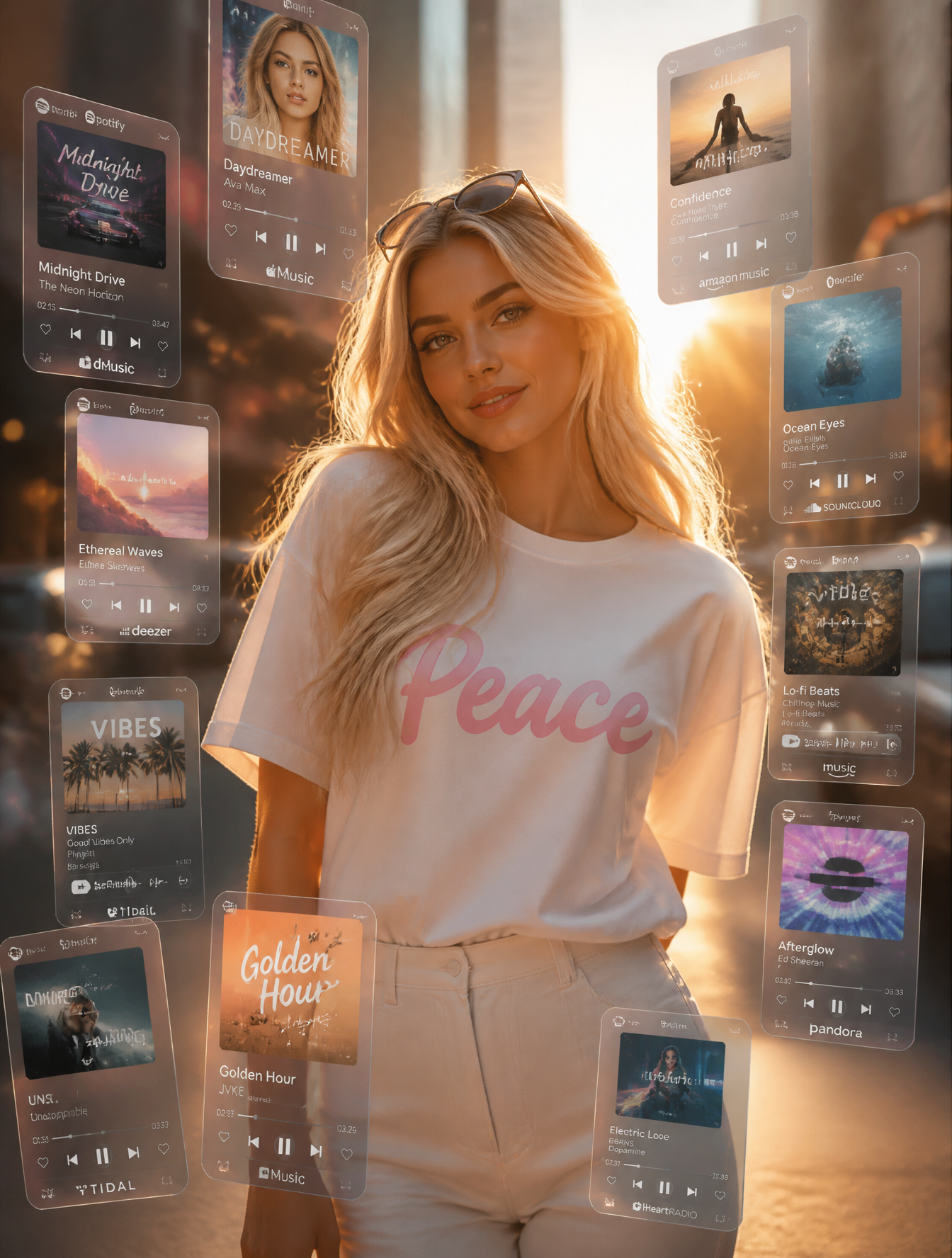 Ultra-realistic cinematic fashion portrait of a stunning young adult Russian blonde woman…