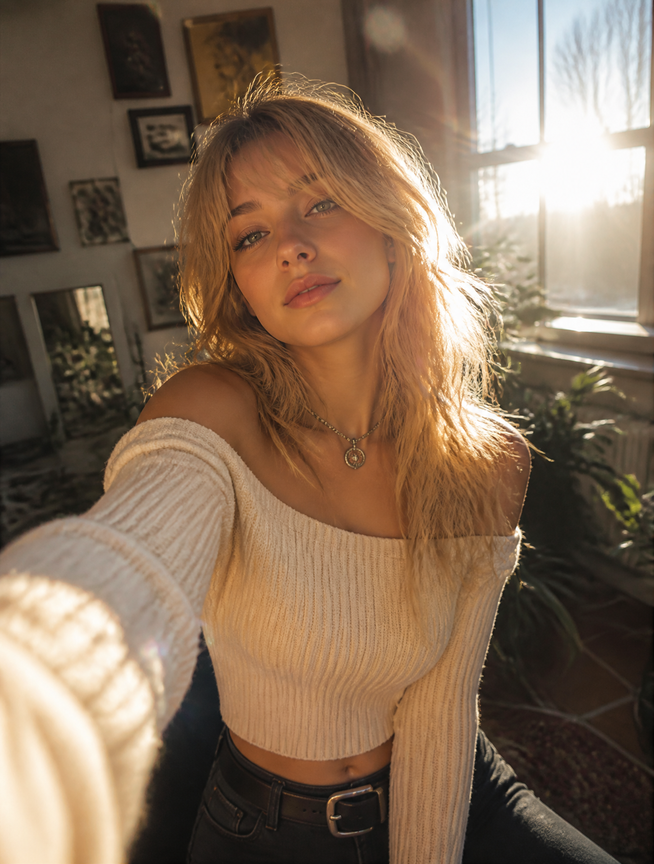 A realistic, cinematic digital painting of a young russian woman taking a selfie in a sun…