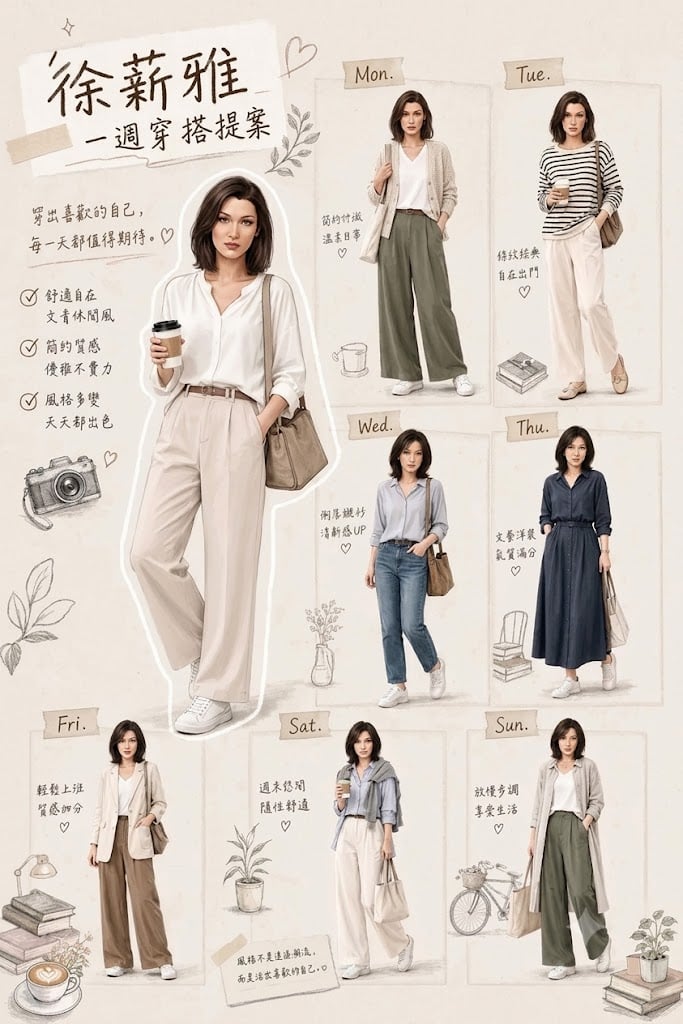 Create a stylish weekly outfit guide poster in a warm scrapbook-style editorial layout. F…